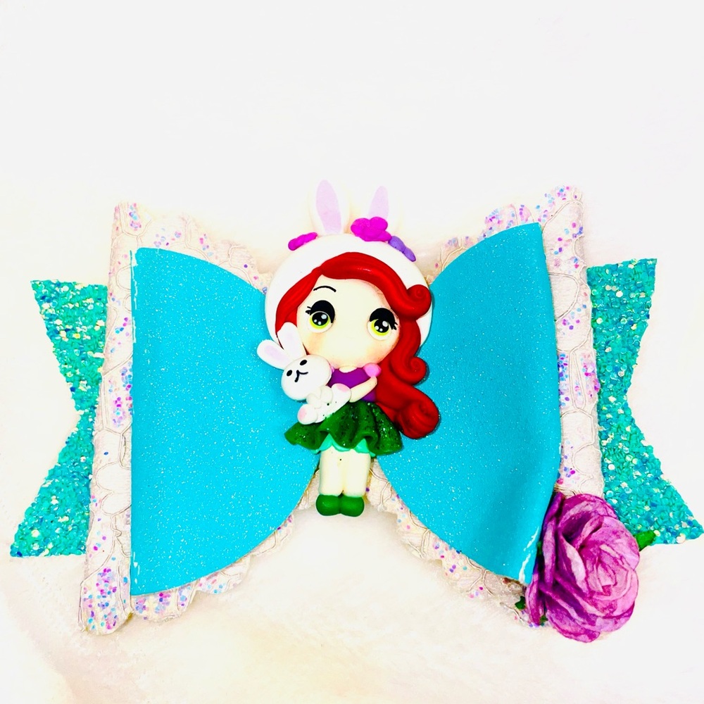 Sparkling Easter Bunny 3D Turquoise Handmade Kids Hair Bow with Character B3
